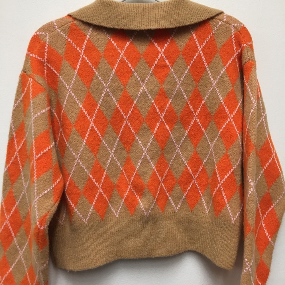 Zara Alpaca Wool Blend Argyle Crop Sweater Medium Tan Orange Stretch Cozy Fall - Picture 8 of 8
